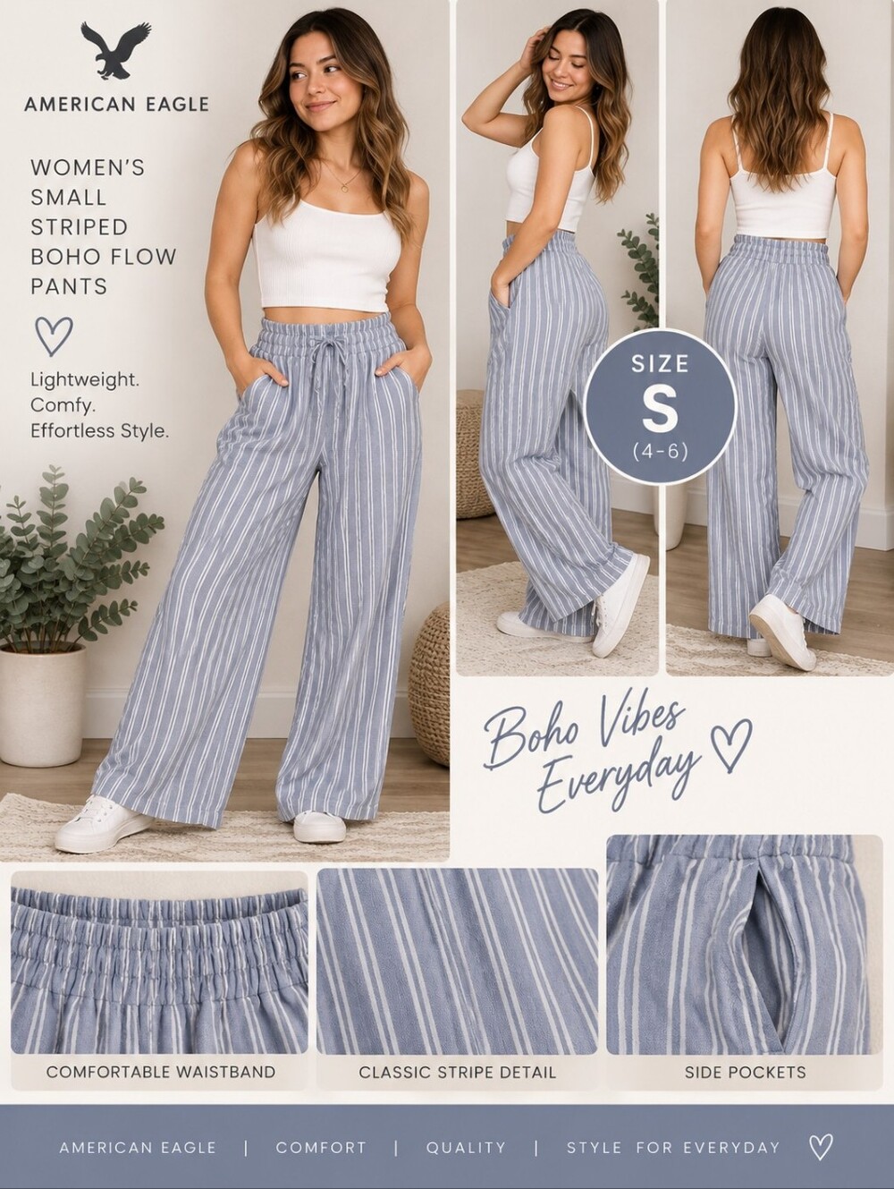 American eagle Women's small blue striped boho flow pants #31